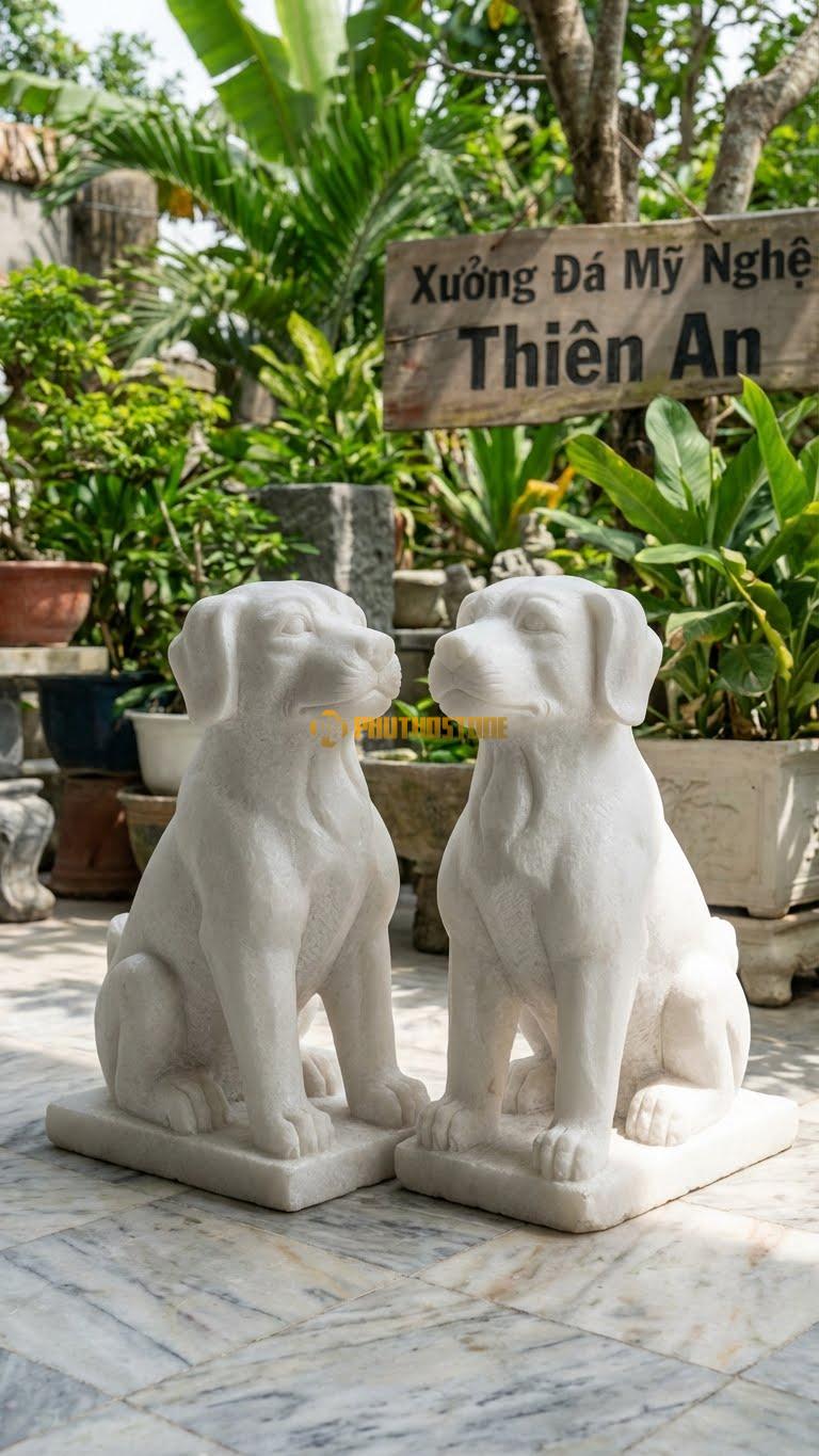 Chó Ngồi Giữ Cổng (Cặp) Bằng Đá Trắng Muối, Kiểu Dáng Dáng Nghiêm Nghị. Kích Thước Cao 50cm (Đặt Cổng).