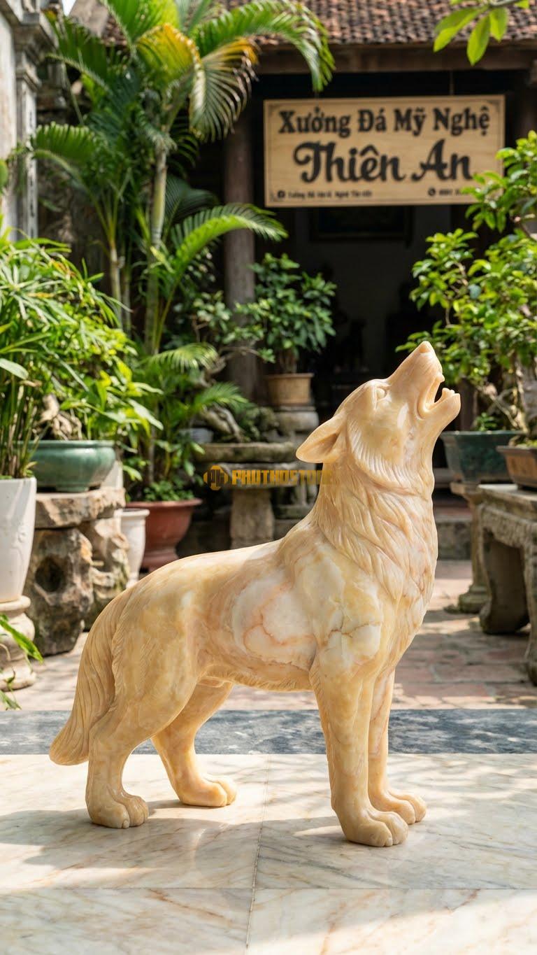 Chó Sói (Wolf) Bằng Đá Vàng Nghệ An, Kiểu Dáng Hú Trăng, Hoang Dã. Kích Thước Cao 40cm.