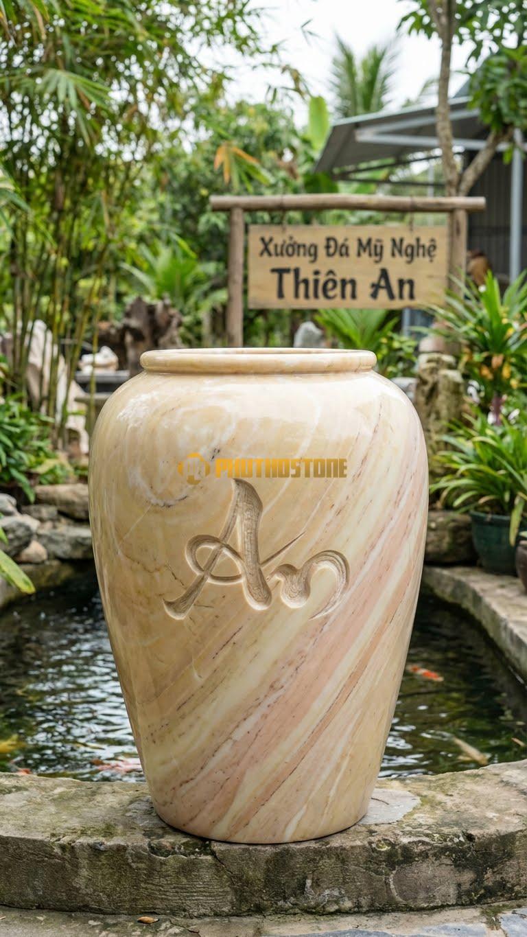 Chum “Chữ An Thư Pháp” Đá Vàng Nghệ An, Kích thước 90cm x 55cm, Hoa Văn Duy Nhất Một Chữ “An” (安) Khắc Sâu Theo Lối Thư Pháp Điêu Luyện.