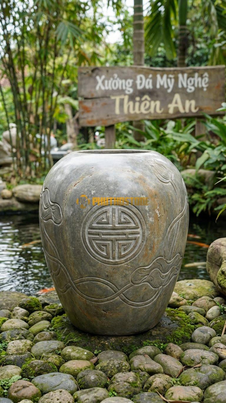 Chum “Chữ Thọ & Dây Lá” Đá Cuội, Kích thước 80cm x 60cm, Hoa Văn Chữ Thọ Tròn Ở Trung Tâm, Dây Lá Sen Uốn Lượn Cách Điệu Xung Quanh.