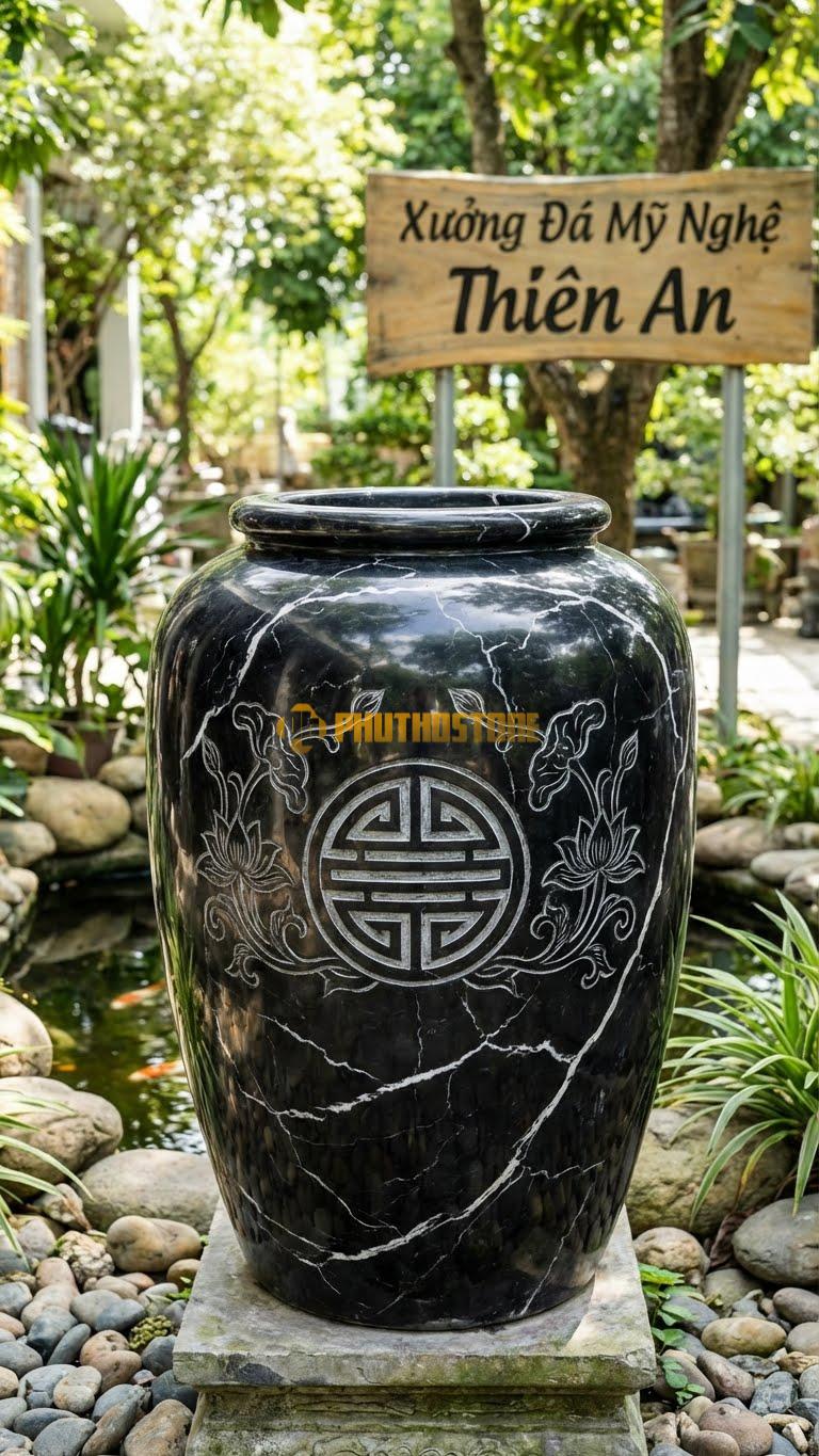 Chum “Chữ Thọ & Dây Lá” Đá Đen Tia Chớp, Kích thước 80cm x 60cm, Hoa Văn Chữ Thọ Tròn Ở Trung Tâm, Dây Lá Sen Uốn Lượn Cách Điệu Xung Quanh.