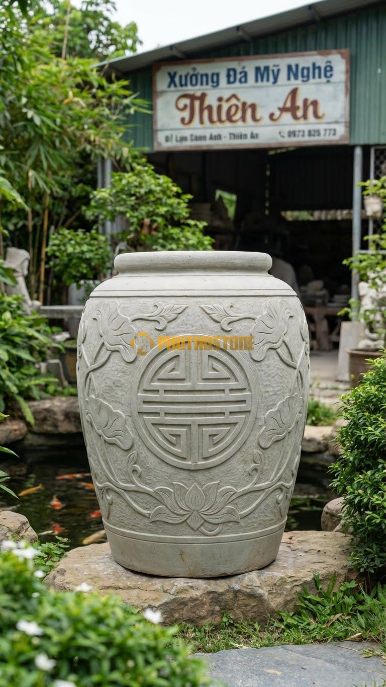 Chum “Chữ Thọ & Dây Lá” Đá Sa Thạch, Kích thước 80cm x 60cm, Hoa Văn Chữ Thọ Tròn Ở Trung Tâm, Dây Lá Sen Uốn Lượn Cách Điệu Xung Quanh.