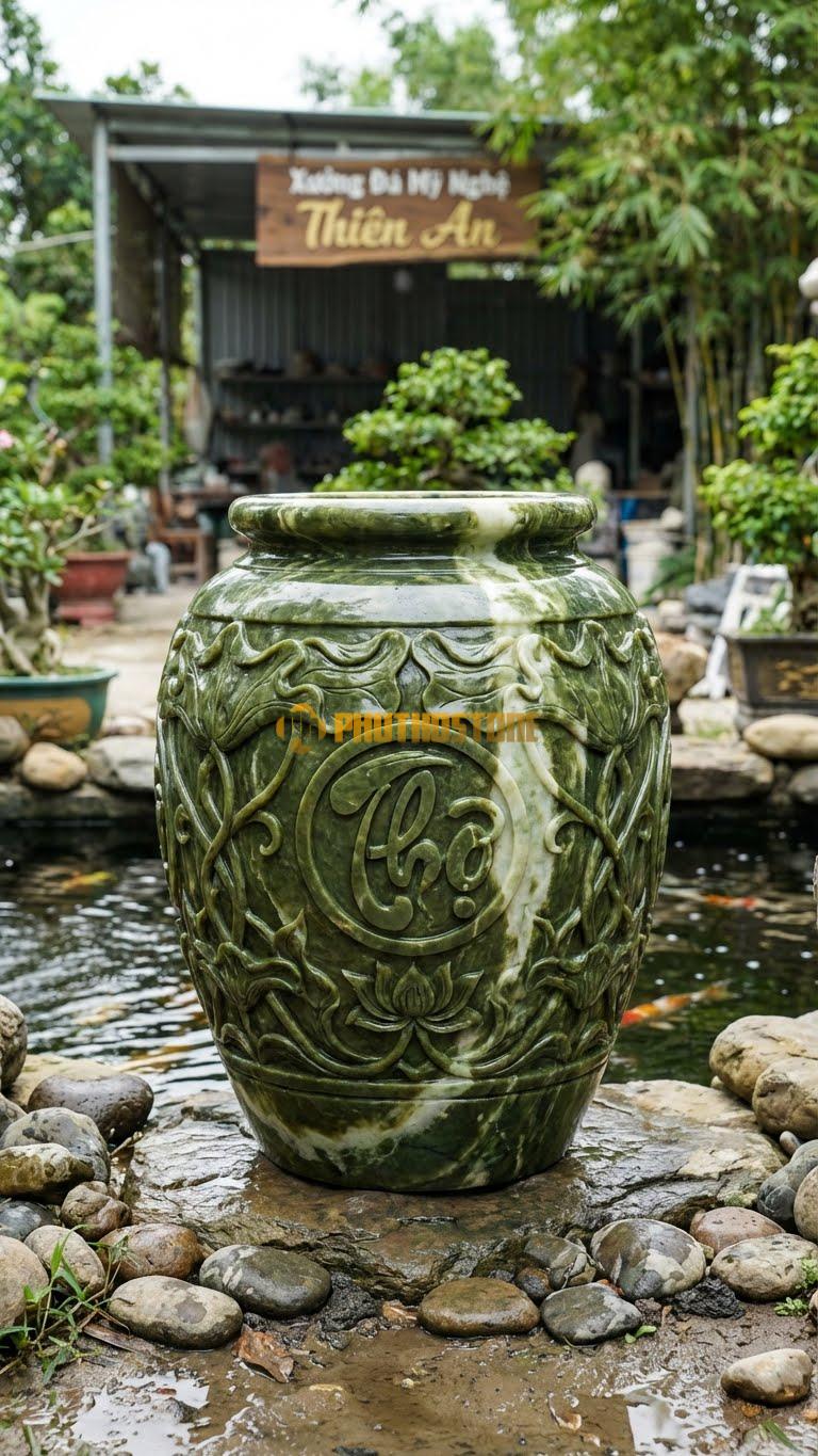 Chum “Chữ Thọ & Dây Lá” Đá Serpentine, Kích thước 80cm x 60cm, Hoa Văn Chữ Thọ Tròn Ở Trung Tâm, Dây Lá Sen Uốn Lượn Cách Điệu Xung Quanh.
