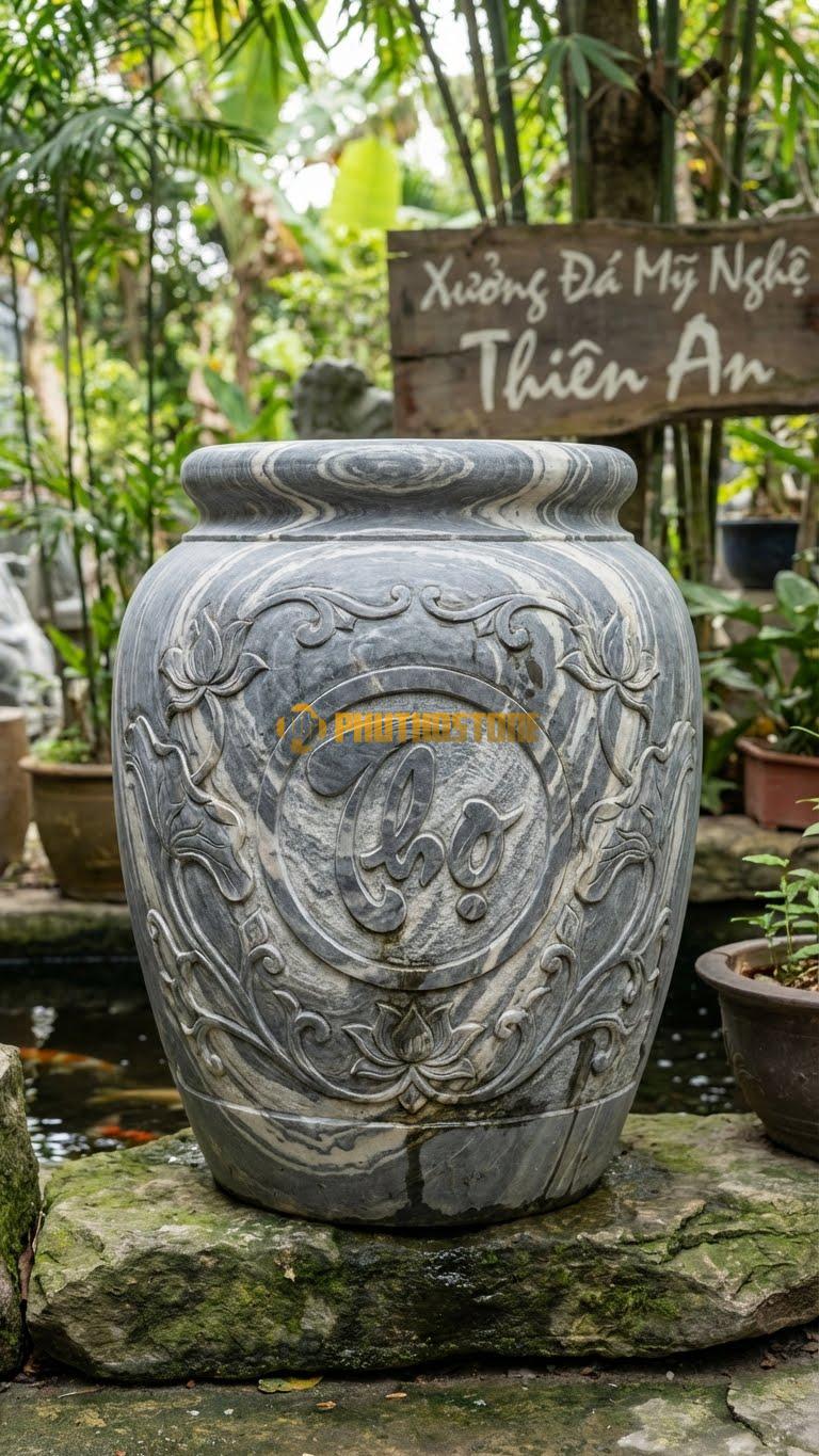 Chum “Chữ Thọ & Dây Lá” Đá Vân Mây, Kích thước 80cm x 60cm, Hoa Văn Chữ Thọ Tròn Ở Trung Tâm, Dây Lá Sen Uốn Lượn Cách Điệu Xung Quanh.