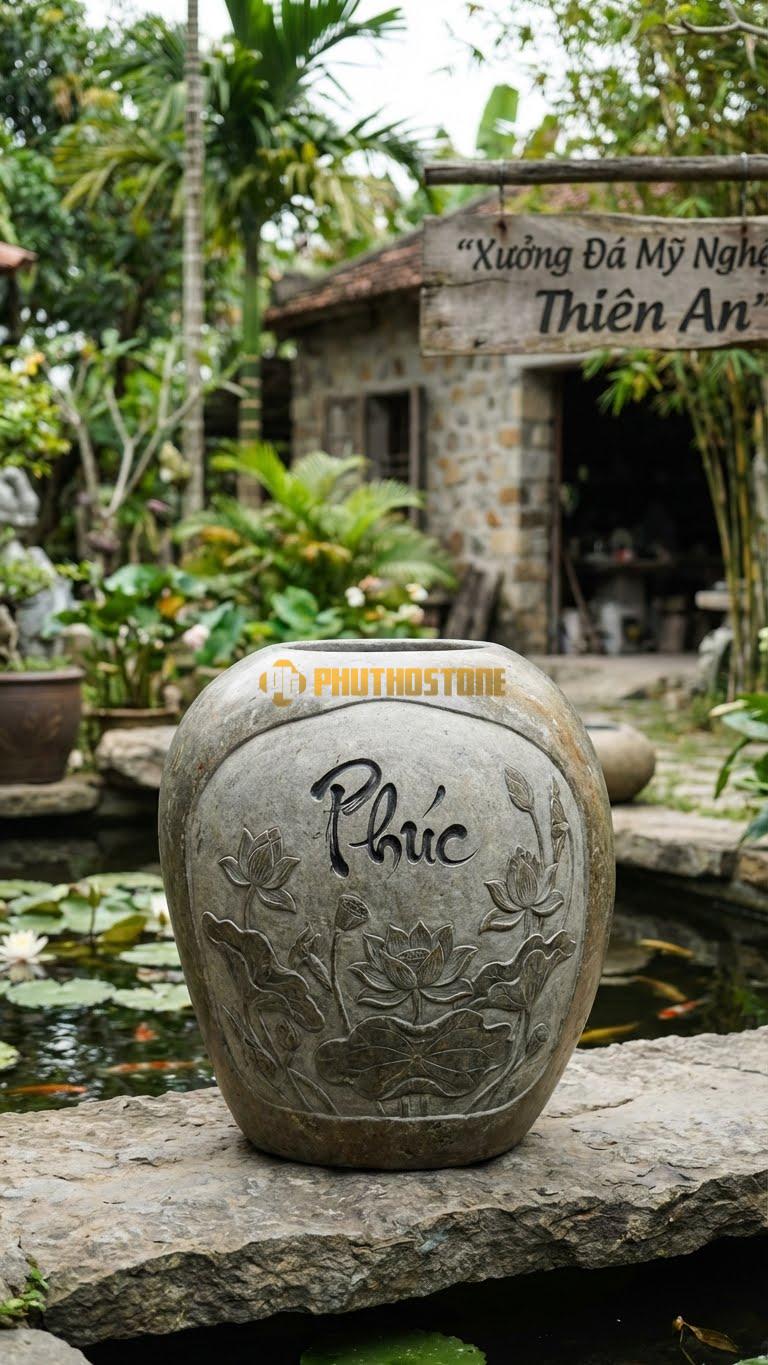 Chum “Hoa Sen & Chữ Phúc” Đá Cuội, Kích thước 75cm x 55cm, Hoa Văn Chữ “Phúc” Thư Pháp Nằm Giữa Đầm Sen Nở Rộ, Lá Sen Bao Phủ Đáy.