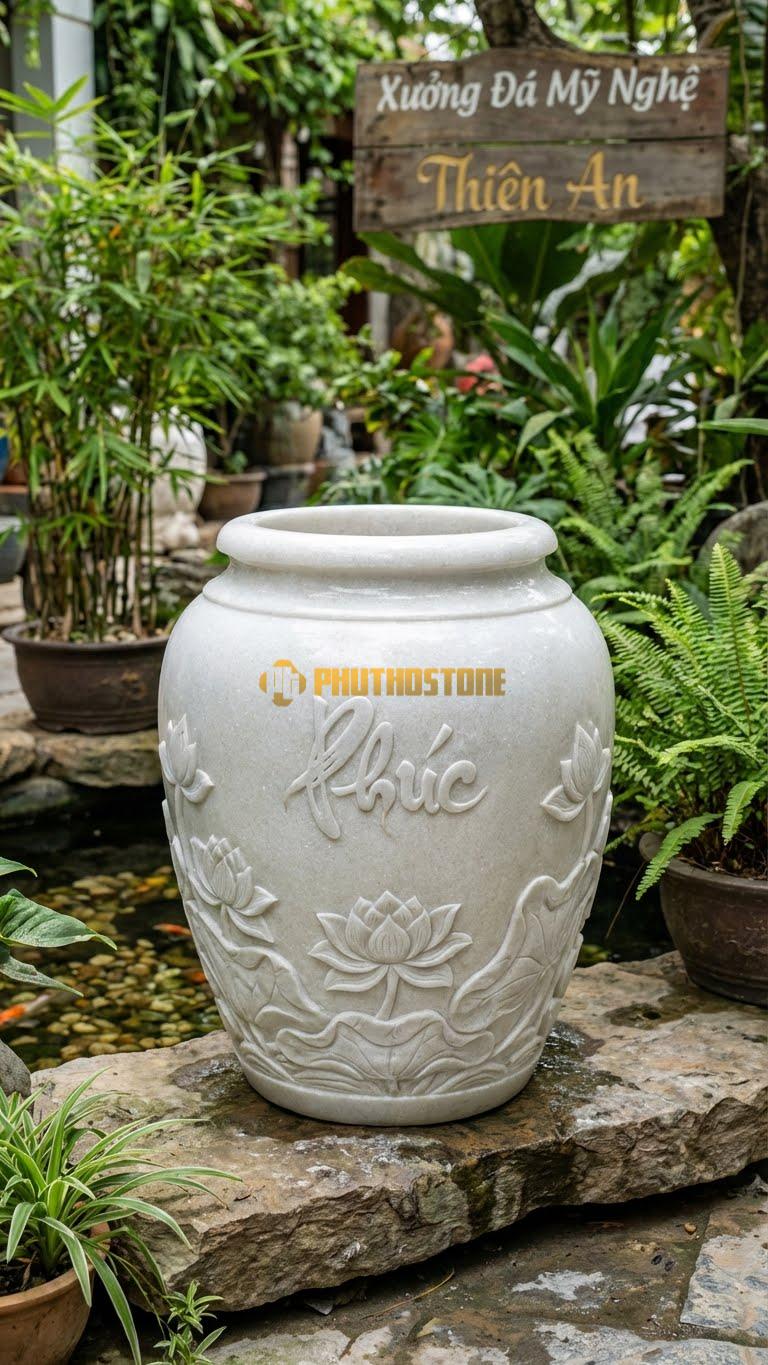 Chum “Hoa Sen & Chữ Phúc” Đá Trắng Muối, Kích thước 75cm x 55cm, Hoa Văn Chữ “Phúc” Thư Pháp Nằm Giữa Đầm Sen Nở Rộ, Lá Sen Bao Phủ Đáy.