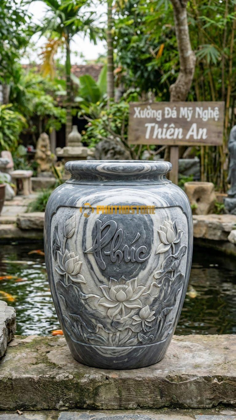 Chum “Hoa Sen & Chữ Phúc” Đá Vân Mây, Kích thước 75cm x 55cm, Hoa Văn Chữ “Phúc” Thư Pháp Nằm Giữa Đầm Sen Nở Rộ, Lá Sen Bao Phủ Đáy.
