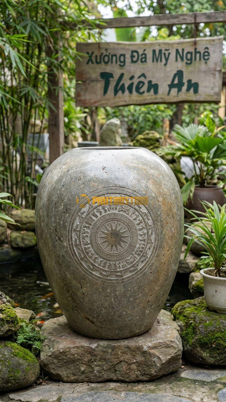 Chum “Họa Tiết Trống Đồng” Đá Cuội, Kích thước 110cm x 85cm, Hoa Văn Mô Phỏng Mặt Trống Đồng Đông Sơn Với Hình Chim Lạc Và Ngôi Sao.