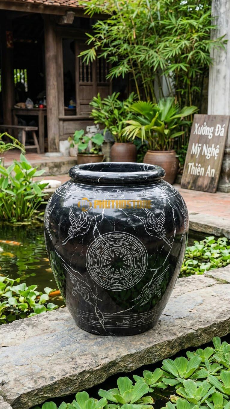 Chum “Họa Tiết Trống Đồng” Đá Đen Tia Chớp, Kích thước 110cm x 85cm, Hoa Văn Mô Phỏng Mặt Trống Đồng Đông Sơn Với Hình Chim Lạc Và Ngôi Sao.