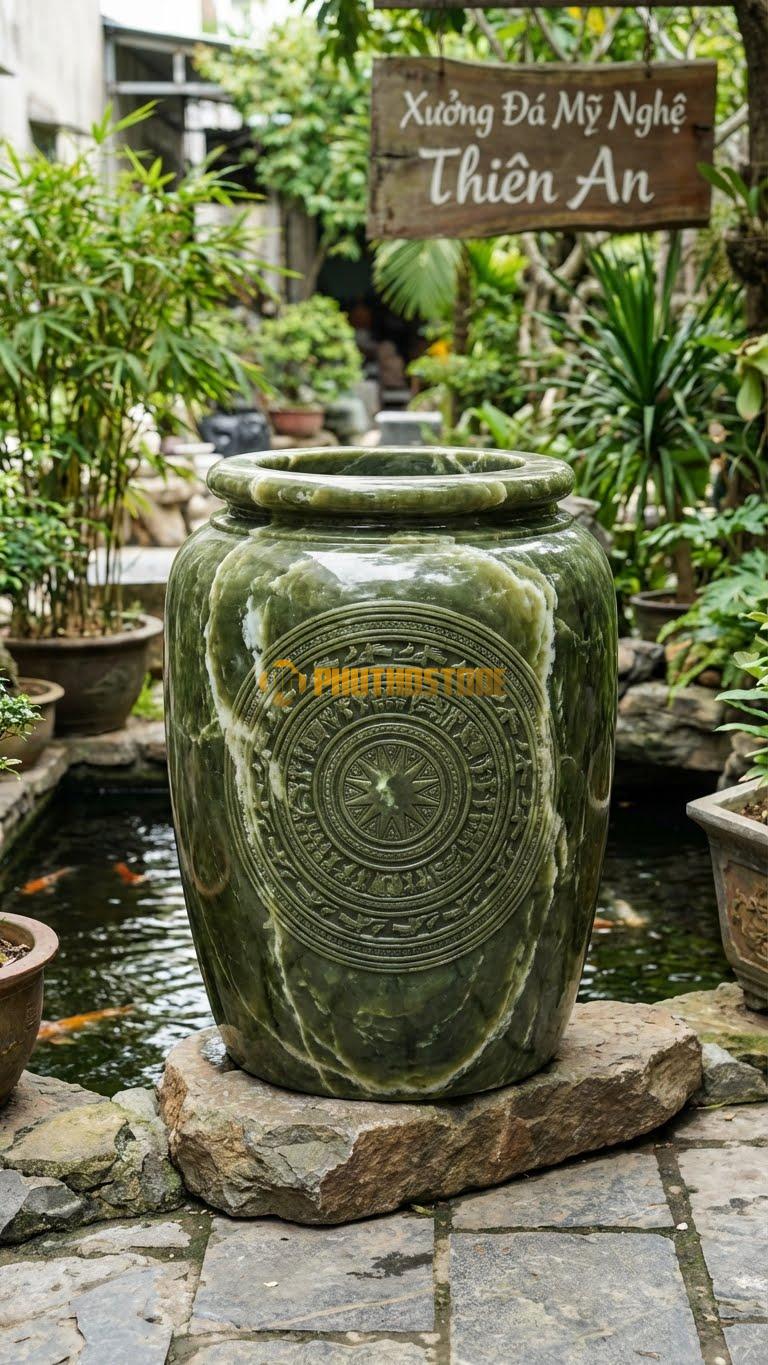 Chum “Họa Tiết Trống Đồng” Đá Serpentine, Kích thước 110cm x 85cm, Hoa Văn Mô Phỏng Mặt Trống Đồng Đông Sơn Với Hình Chim Lạc Và Ngôi Sao.