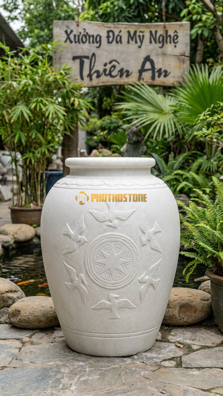 Chum “Họa Tiết Trống Đồng” Đá Trắng Muối, Kích thước 110cm x 85cm, Hoa Văn Mô Phỏng Mặt Trống Đồng Đông Sơn Với Hình Chim Lạc Và Ngôi Sao.