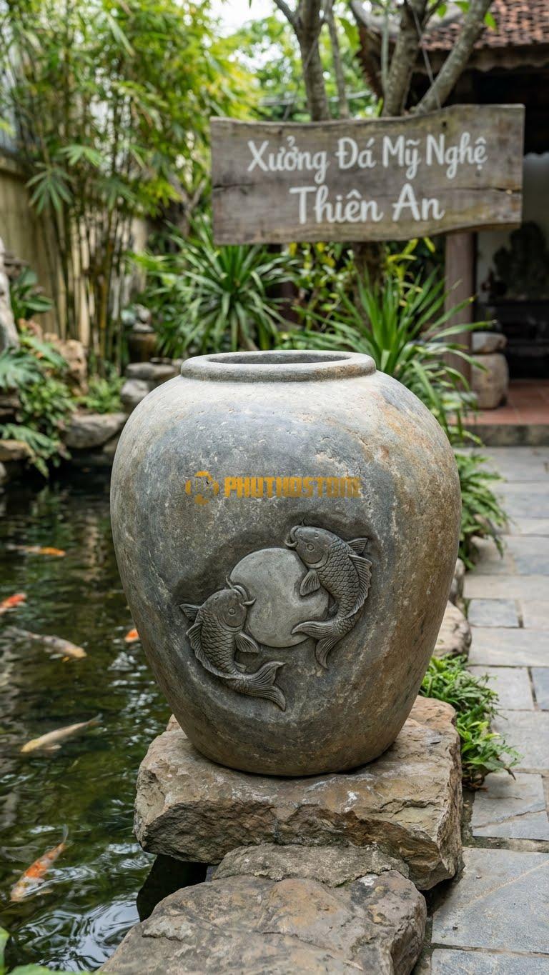 Chum “Lý Ngư Vọng Nguyệt” Đá Cuội, Kích thước 80cm x 60cm, Hoa Văn Đôi Cá Chép Chơi Đùa Cùng Bóng Trăng Dưới Đáy Nước, Khắc Sâu Tinh Xảo.