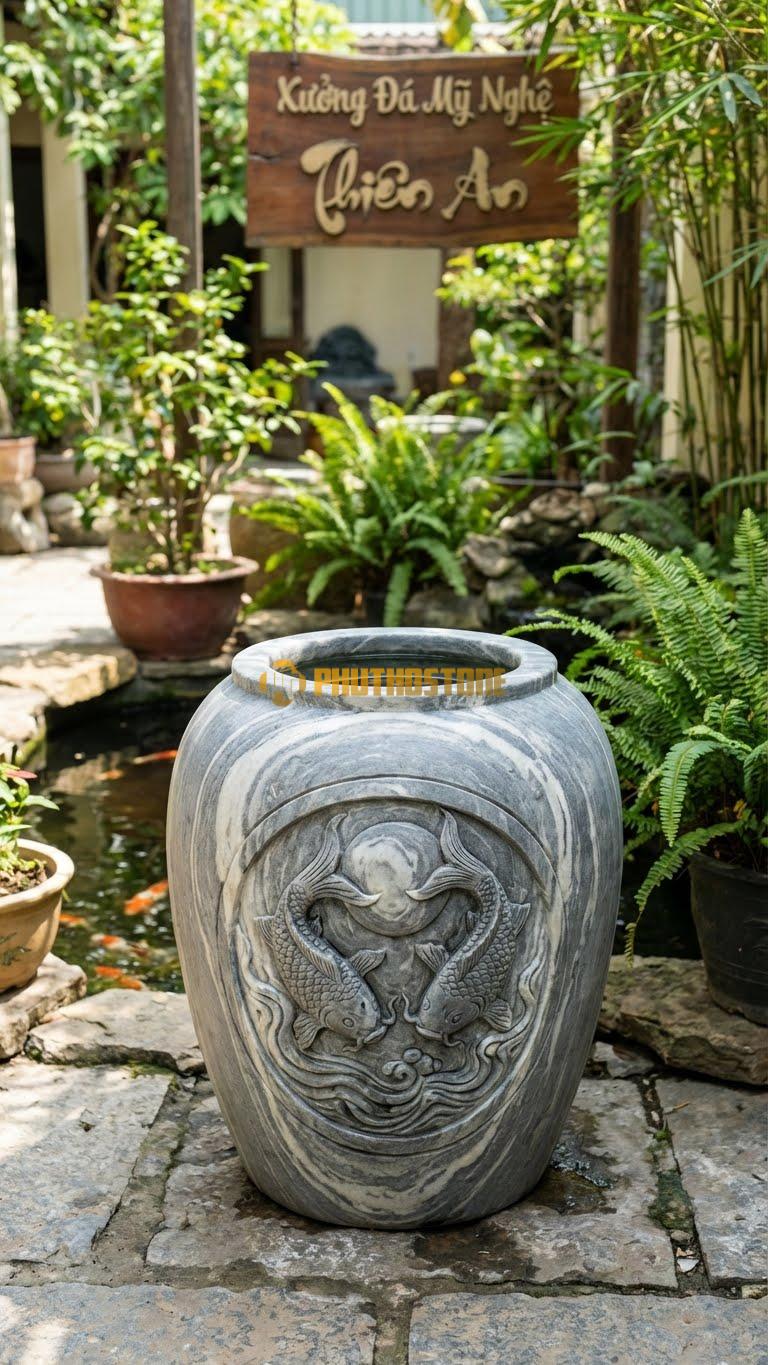 Chum “Lý Ngư Vọng Nguyệt” Đá Vân Mây, Kích thước 80cm x 60cm, Hoa Văn Đôi Cá Chép Chơi Đùa Cùng Bóng Trăng Dưới Đáy Nước, Khắc Sâu Tinh Xảo.