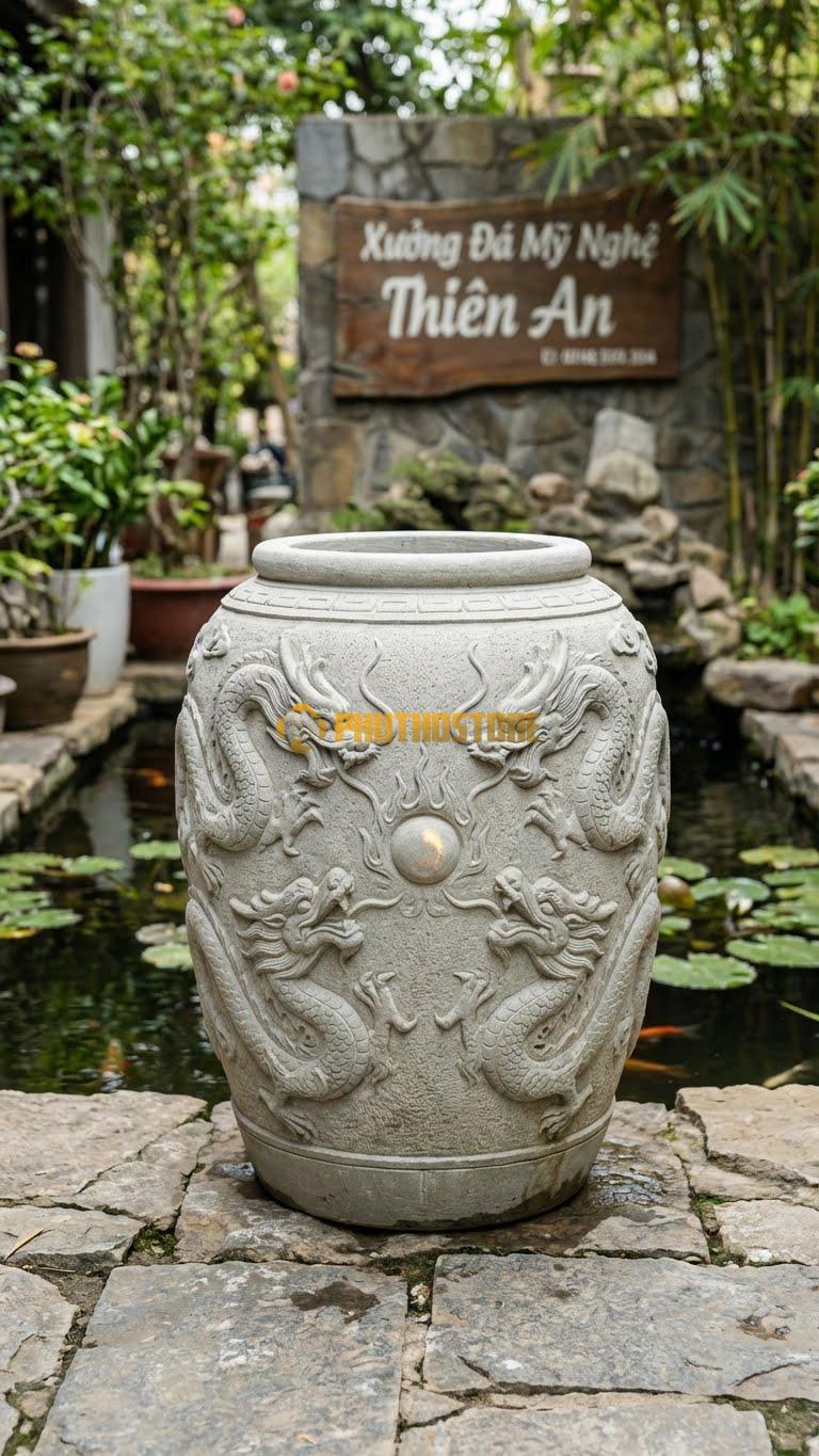 Chum “Ngũ Long Chầu Nguyệt” Đá Sa Thạch, Kích thước 100cm x 80cm, Hoa Văn 5 Con Rồng Uốn Lượn Hướng Về Viên Ngọc Rực Sáng Ở Chính Diện.