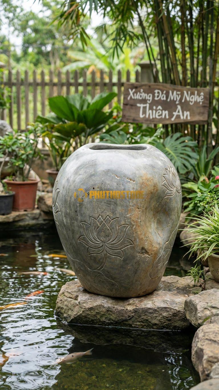 Chum “Sen Việt Cổ” Đá Cuội, Kích thước 95cm x 70cm, Hoa Văn Hoa Văn Hoa Sen Cách Điệu Theo Lối Mỹ Nghệ Cung Đình Cổ.