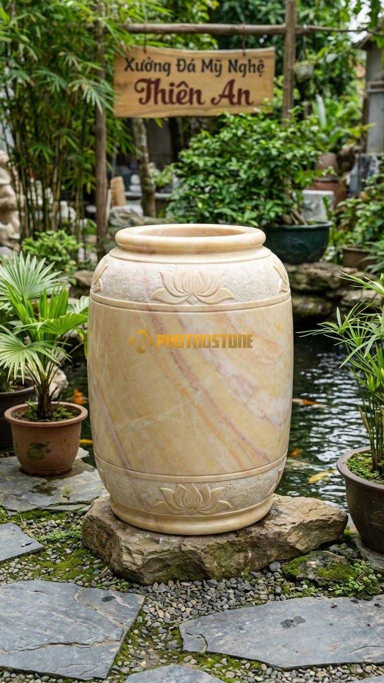 Chum “Sen Việt Cổ” Đá Vàng Nghệ An, Kích thước 95cm x 70cm, Hoa Văn Hoa Văn Hoa Sen Cách Điệu Theo Lối Mỹ Nghệ Cung Đình Cổ.