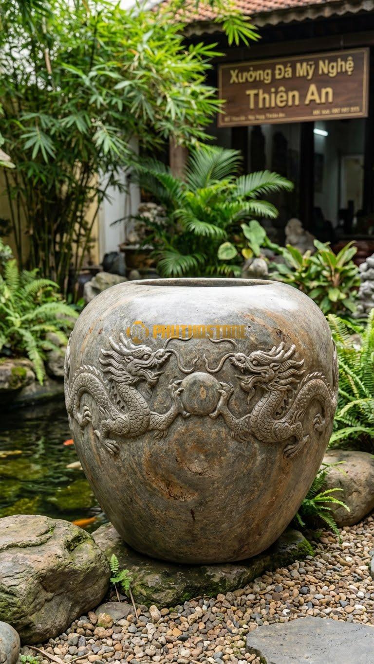 Chum “Song Long Hiến Châu” Đá Cuội, Kích thước 120cm x 90cm, Hoa Văn Hai Con Rồng Đối Mặt Cùng Chầu Vào Viên Minh Châu Ở Giữa.
