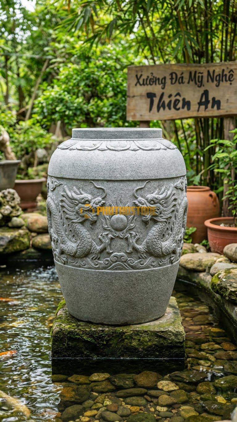 Chum “Song Long Hiến Châu” Đá Granite, Kích thước 120cm x 90cm, Hoa Văn Hai Con Rồng Đối Mặt Cùng Chầu Vào Viên Minh Châu Ở Giữa.