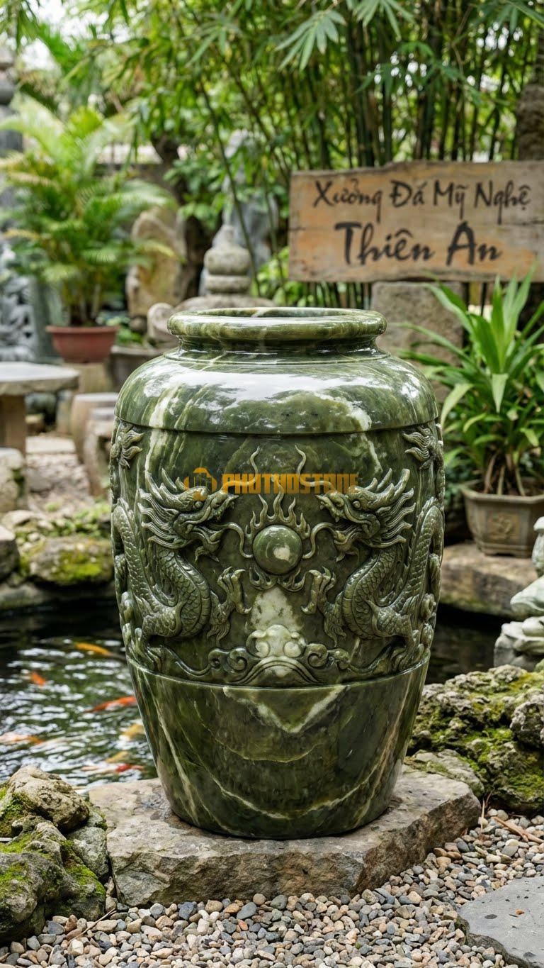 Chum “Song Long Hiến Châu” Đá Serpentine, Kích thước 120cm x 90cm, Hoa Văn Hai Con Rồng Đối Mặt Cùng Chầu Vào Viên Minh Châu Ở Giữa.