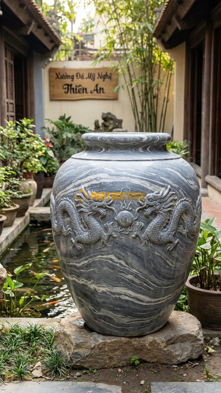 Chum “Song Long Hiến Châu” Đá Vân Mây, Kích thước 120cm x 90cm, Hoa Văn Hai Con Rồng Đối Mặt Cùng Chầu Vào Viên Minh Châu Ở Giữa.