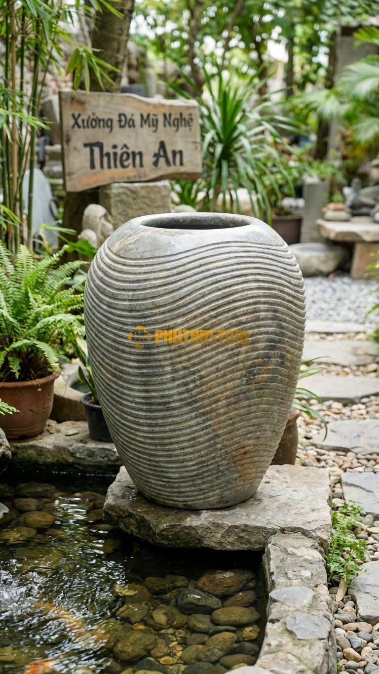 Chum “Sóng Nước Tĩnh Lặng” Đá Cuội, Kích thước 75cm x 50cm, Hoa Văn Khắc Các Rãnh Ngang Song Song (Vân Sóng Cát) Từ Cổ Đến Đáy.