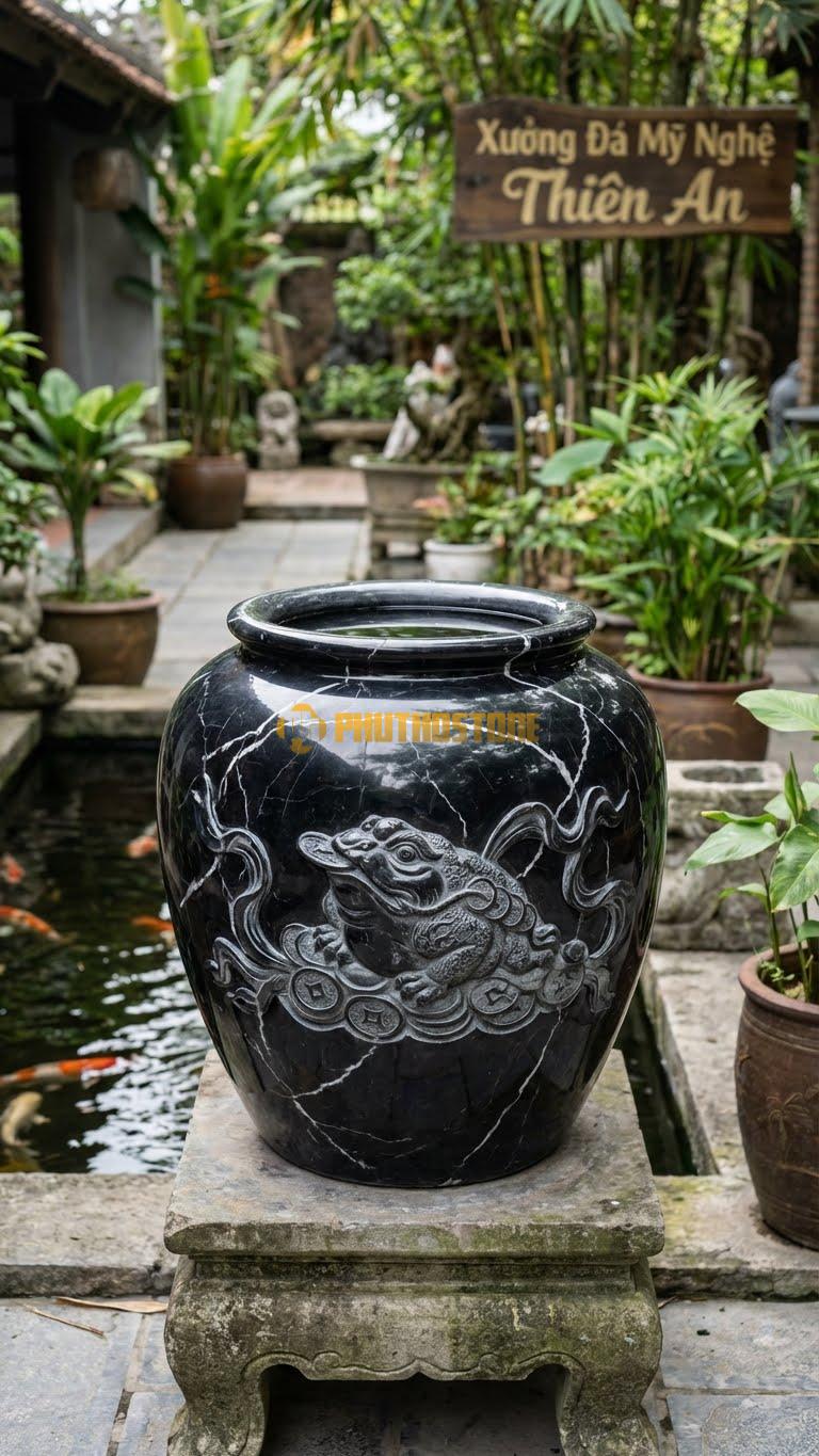 Chum “Thiềm Thừ Chiêu Tài” Đá Đen Tia Chớp, Kích thước 70cm x 60cm, Hoa Văn Hình Ảnh Cóc Ngậm Tiền Vàng, Xung Quanh Thân Khắc Dải Lụa Và Đồng Xu.