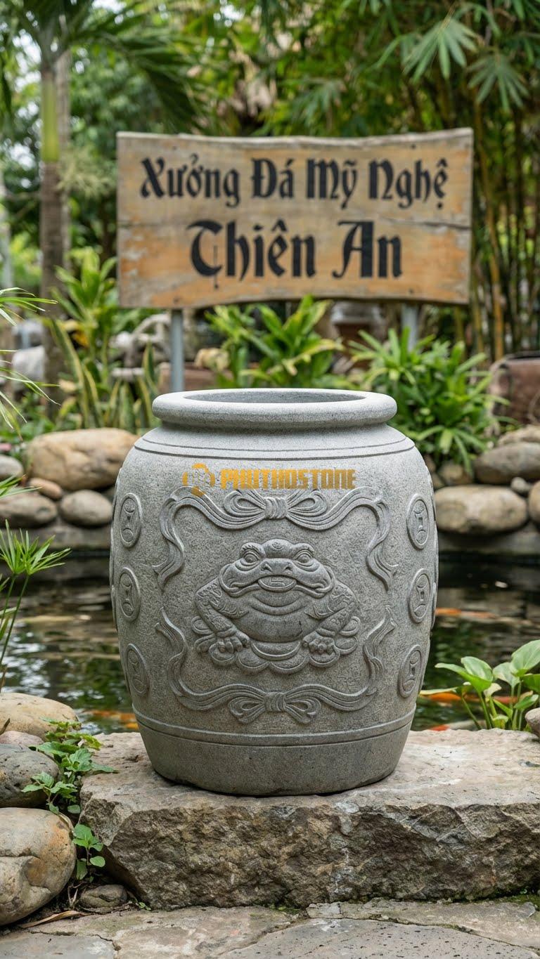 Chum “Thiềm Thừ Chiêu Tài” Đá Granite, Kích thước 70cm x 60cm, Hoa Văn Hình Ảnh Cóc Ngậm Tiền Vàng, Xung Quanh Thân Khắc Dải Lụa Và Đồng Xu.