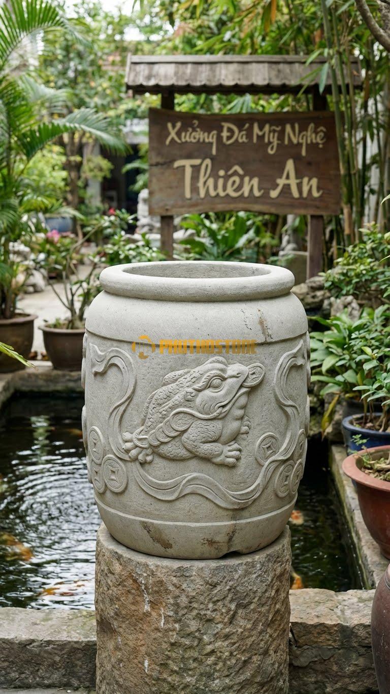 Chum “Thiềm Thừ Chiêu Tài” Đá Sa Thạch, Kích thước 70cm x 60cm, Hoa Văn Hình Ảnh Cóc Ngậm Tiền Vàng, Xung Quanh Thân Khắc Dải Lụa Và Đồng Xu.