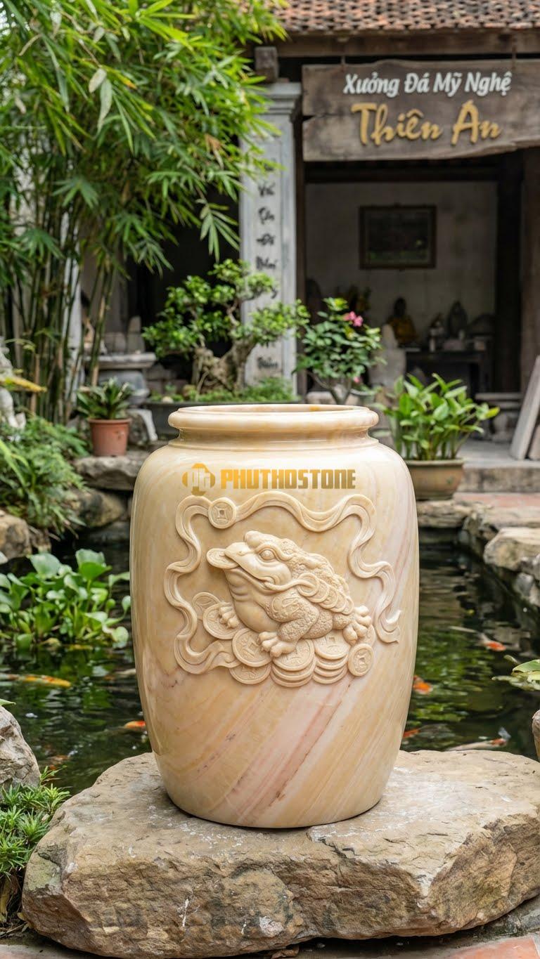 Chum “Thiềm Thừ Chiêu Tài” Đá Vàng Nghệ An, Kích thước 70cm x 60cm, Hoa Văn Hình Ảnh Cóc Ngậm Tiền Vàng, Xung Quanh Thân Khắc Dải Lụa Và Đồng Xu.
