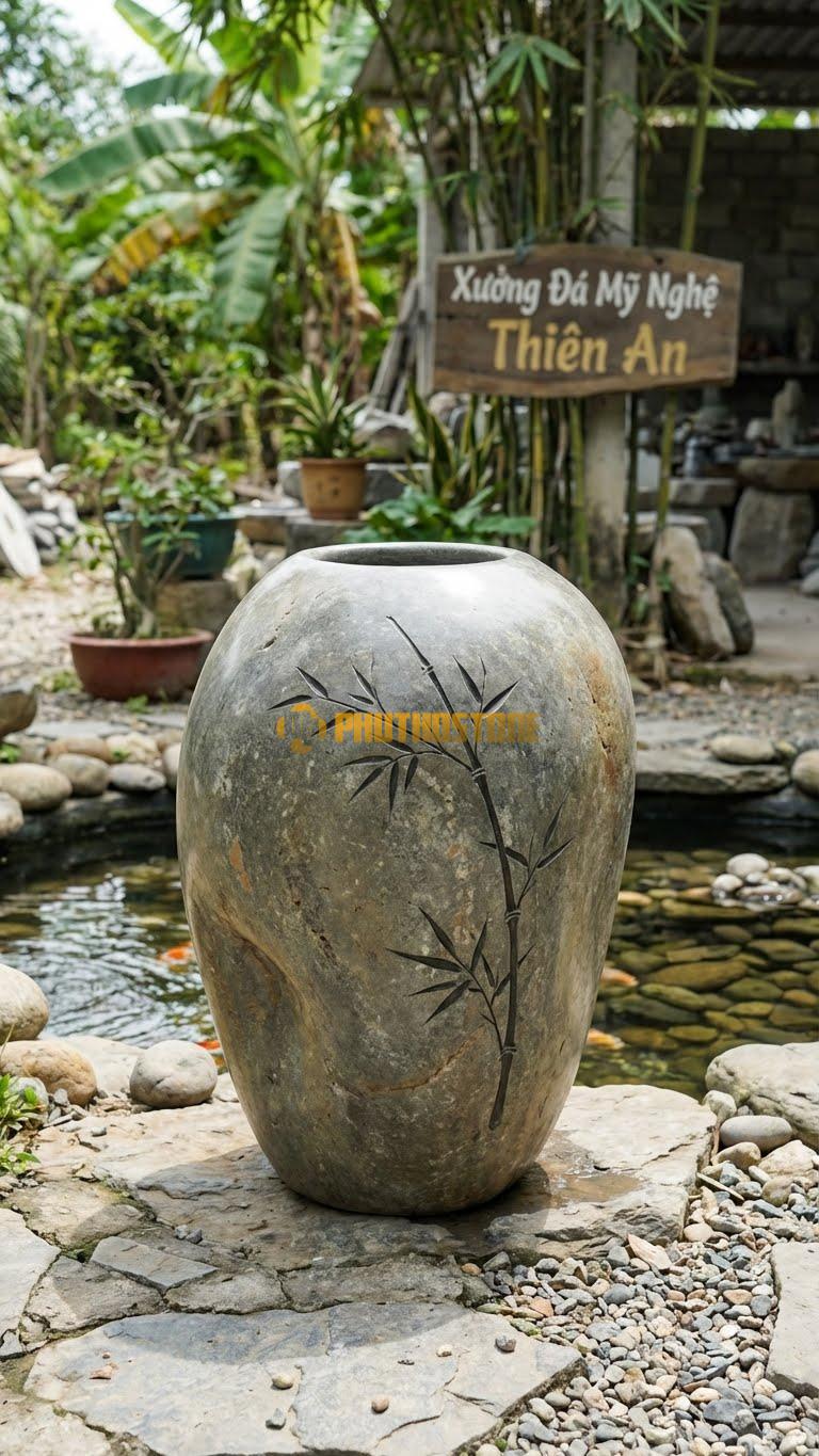 Chum “Trúc Chỉ Tối Giản” Đá Cuội, Kích thước 80cm x 45cm, Hoa Văn Một Cành Trúc Duy Nhất Chạy Dọc Thân Theo Lối Vẽ Thủy Mặc.