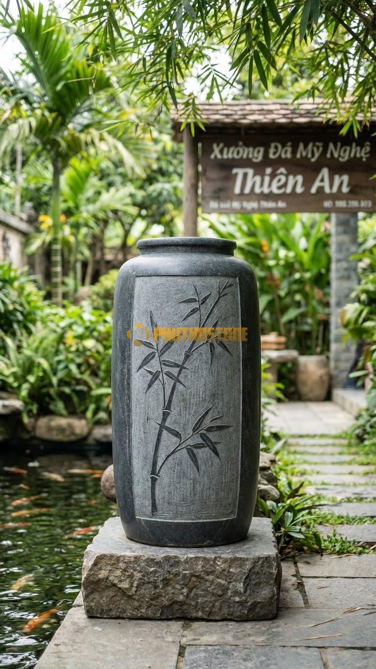 Chum “Trúc Chỉ Tối Giản” Đá Granite, Kích thước 80cm x 45cm, Hoa Văn Một Cành Trúc Duy Nhất Chạy Dọc Thân Theo Lối Vẽ Thủy Mặc.