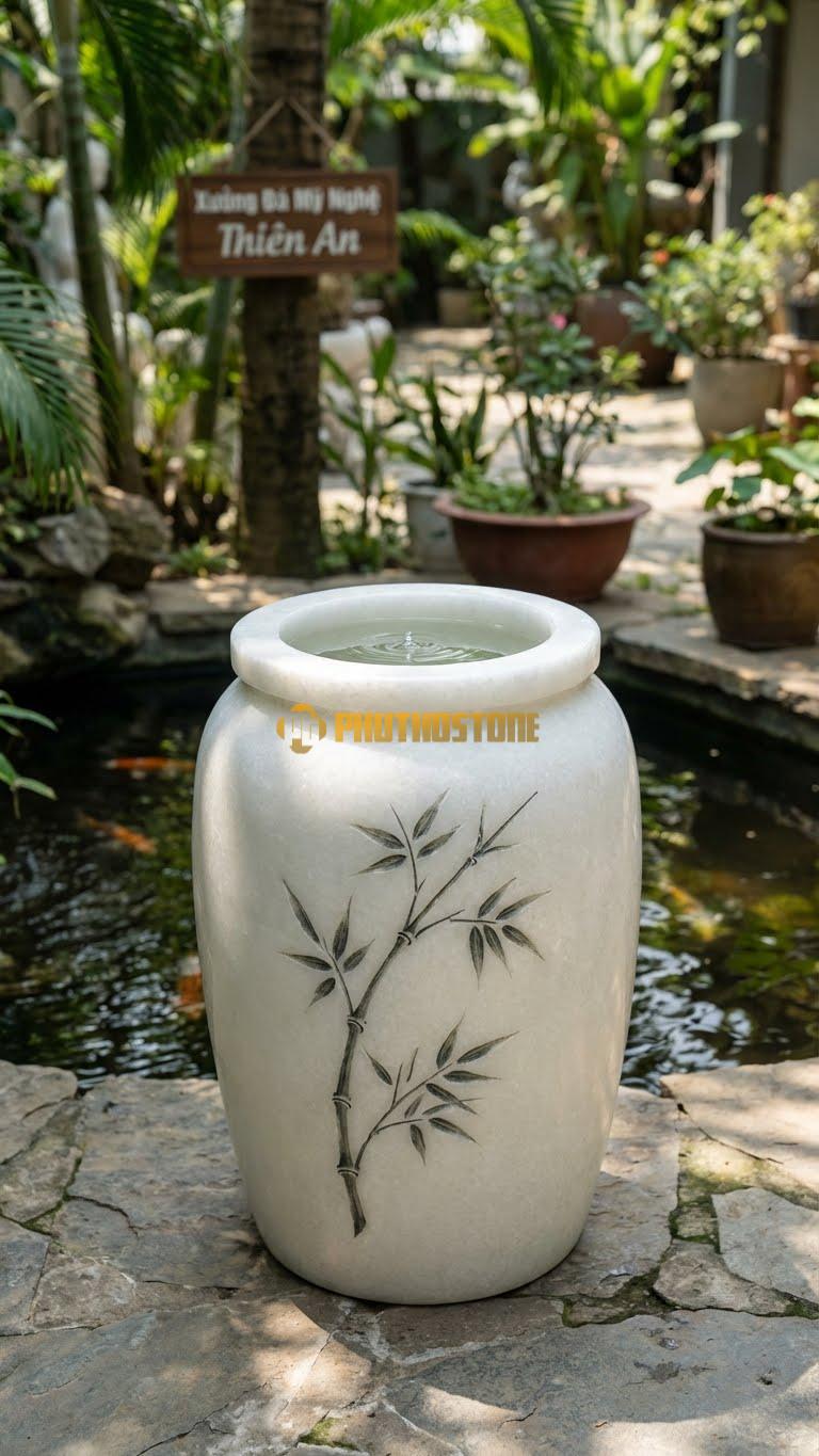 Chum “Trúc Chỉ Tối Giản” Đá Trắng Muối, Kích thước 80cm x 45cm, Hoa Văn Một Cành Trúc Duy Nhất Chạy Dọc Thân Theo Lối Vẽ Thủy Mặc.
