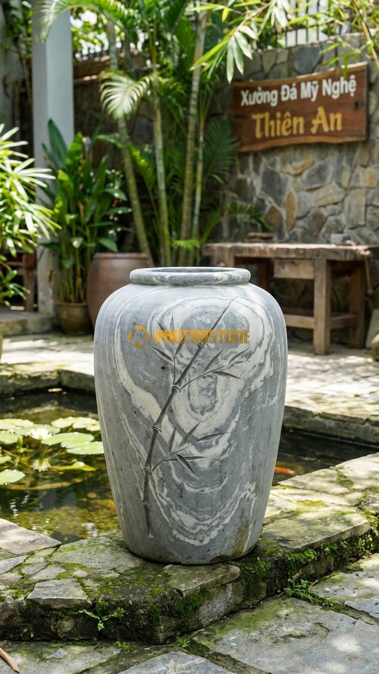 Chum “Trúc Chỉ Tối Giản” Đá Vân Mây, Kích thước 80cm x 45cm, Hoa Văn Một Cành Trúc Duy Nhất Chạy Dọc Thân Theo Lối Vẽ Thủy Mặc.