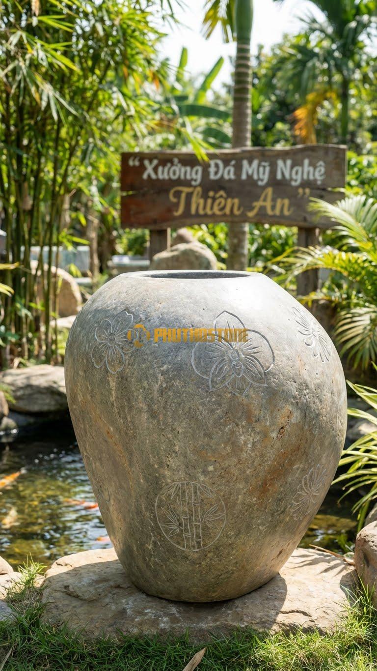 Chum “Tứ Quý Cách Điệu” Đá Cuội, Kích thước 90cm x 65cm, Hoa Văn Mai – Lan – Cúc – Trúc Được Biến Tấu Thành Các Đường Nét Hình Học Đối Xứng.