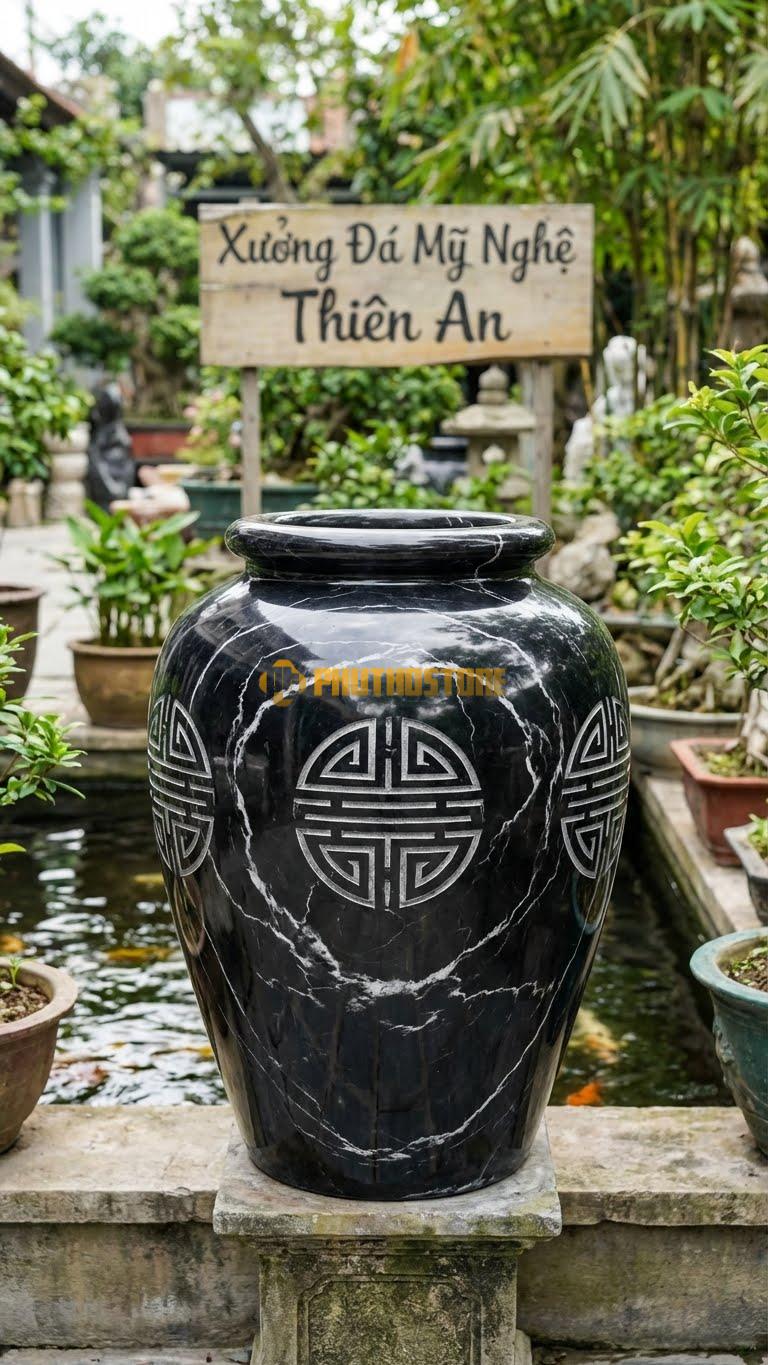 Chum “Tứ Quý Cách Điệu” Đá Đen Tia Chớp, Kích thước 90cm x 65cm, Hoa Văn Mai – Lan – Cúc – Trúc Được Biến Tấu Thành Các Đường Nét Hình Học Đối Xứng.