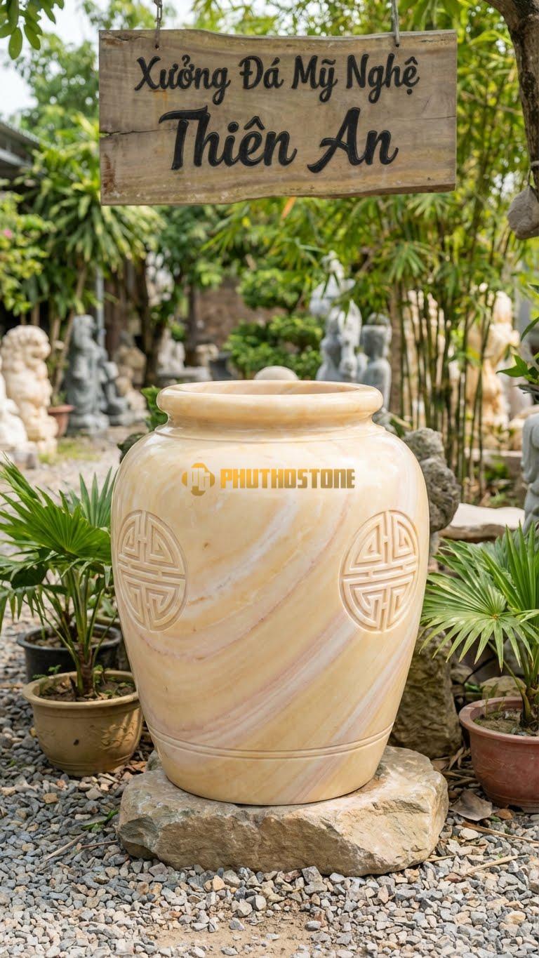 Chum “Tứ Quý Cách Điệu” Đá Vàng Nghệ An, Kích thước 90cm x 65cm, Hoa Văn Mai – Lan – Cúc – Trúc Được Biến Tấu Thành Các Đường Nét Hình Học Đối Xứng.