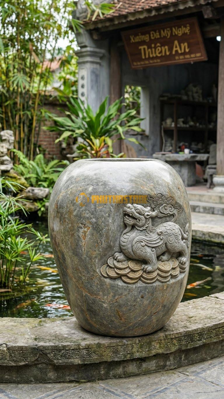 Chum “Tỳ Hưu Trấn Trạch” Đá Cuội, Kích thước 95cm x 70cm, Hoa Văn Cặp Tỳ Hưu Đứng Trên Đống Tiền Vàng, Lưng Chạm Hoa Văn Cổ.