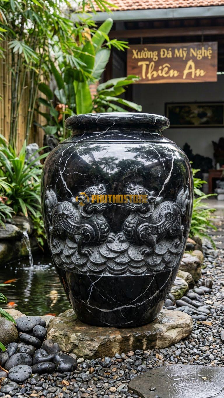 Chum “Tỳ Hưu Trấn Trạch” Đá Đen Tia Chớp, Kích thước 95cm x 70cm, Hoa Văn Cặp Tỳ Hưu Đứng Trên Đống Tiền Vàng, Lưng Chạm Hoa Văn Cổ.