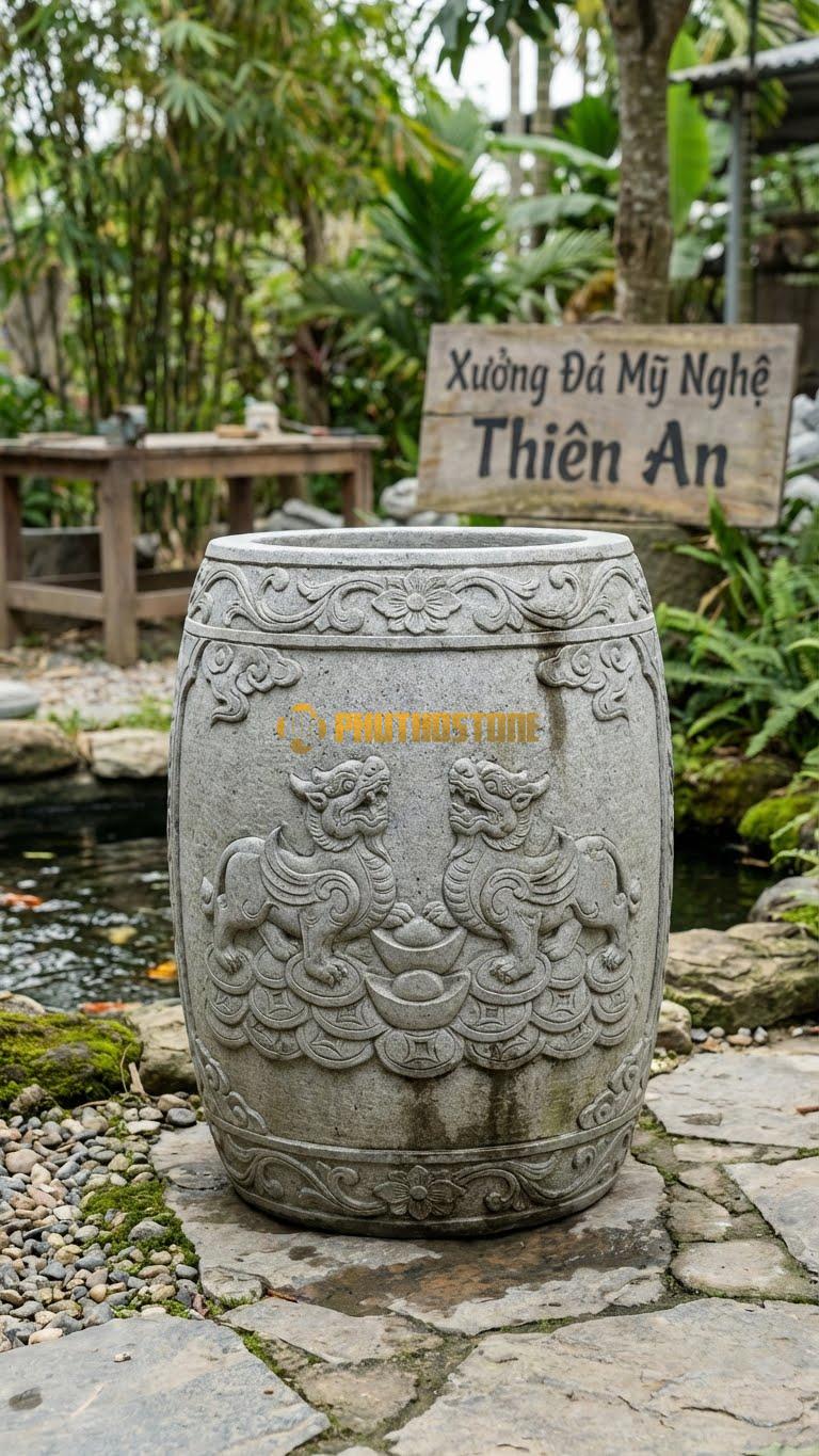 Chum “Tỳ Hưu Trấn Trạch” Đá Granite, Kích thước 95cm x 70cm, Hoa Văn Cặp Tỳ Hưu Đứng Trên Đống Tiền Vàng, Lưng Chạm Hoa Văn Cổ.