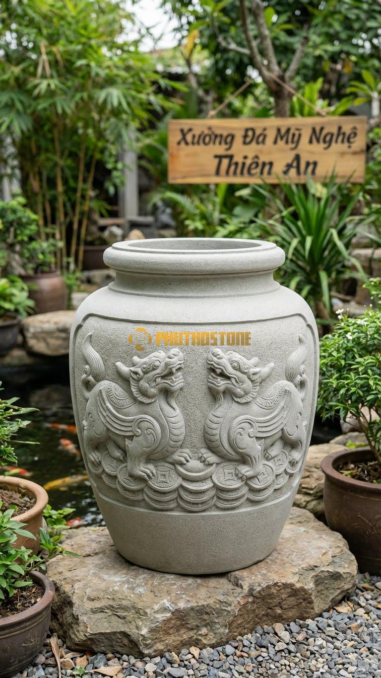Chum “Tỳ Hưu Trấn Trạch” Đá Sa Thạch, Kích thước 95cm x 70cm, Hoa Văn Cặp Tỳ Hưu Đứng Trên Đống Tiền Vàng, Lưng Chạm Hoa Văn Cổ.