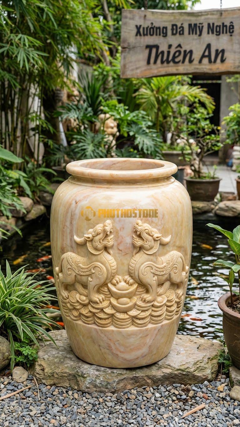 Chum “Tỳ Hưu Trấn Trạch” Đá Vàng Nghệ An, Kích thước 95cm x 70cm, Hoa Văn Cặp Tỳ Hưu Đứng Trên Đống Tiền Vàng, Lưng Chạm Hoa Văn Cổ.