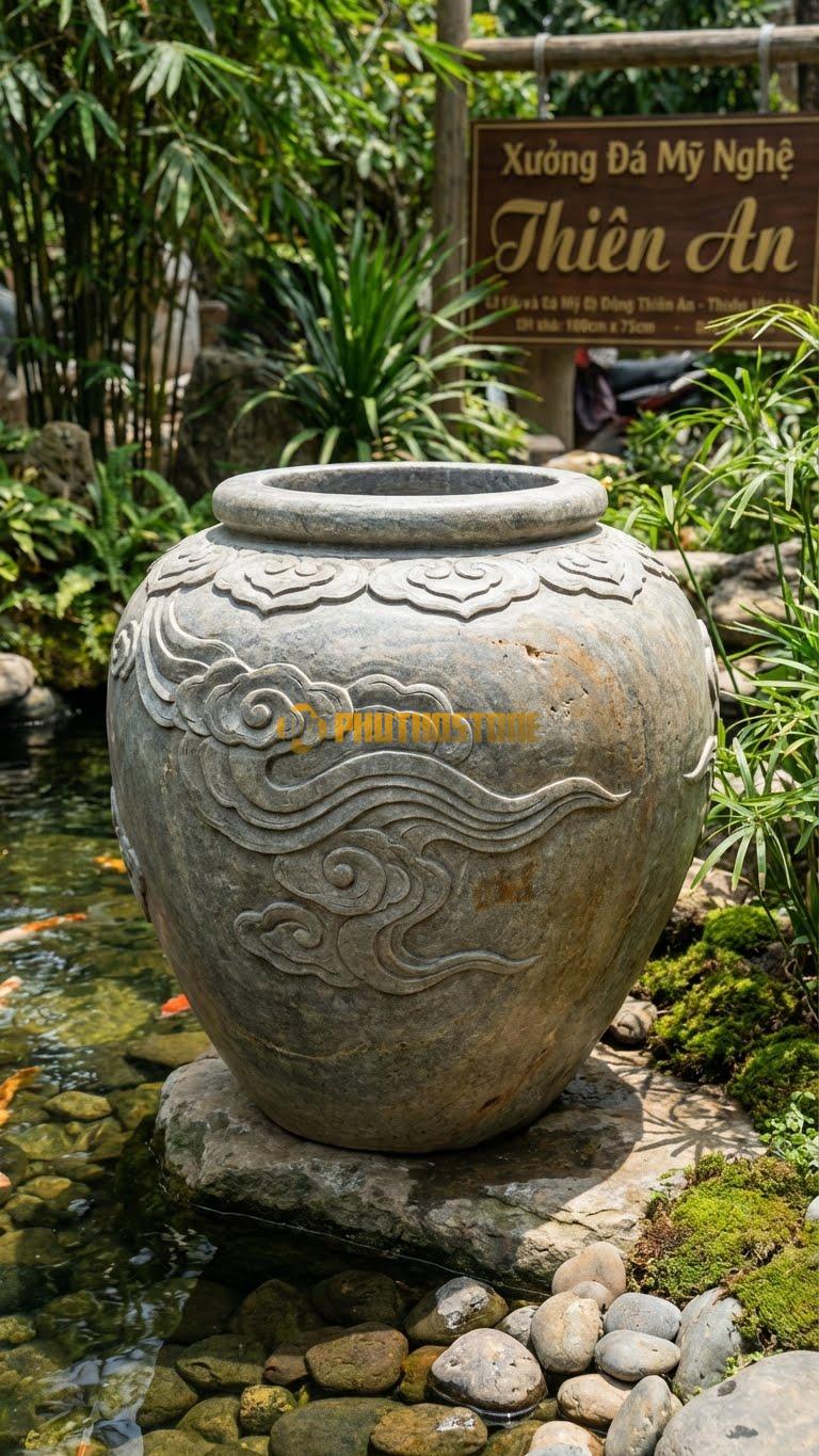 Chum “Vân Mây Cung Đình” Đá Cuội, Kích thước 100cm x 75cm, Hoa Văn Các Dải Mây Uốn Lượn Tầng Tầng Lớp Lớp Theo Lối Trang Trí Thời Lê – Nguyễn.