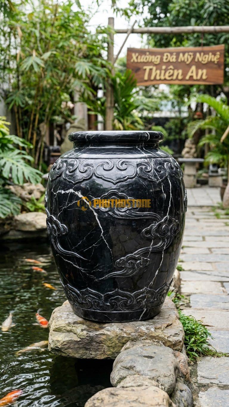 Chum “Vân Mây Cung Đình” Đá Đen Tia Chớp, Kích thước 100cm x 75cm, Hoa Văn Các Dải Mây Uốn Lượn Tầng Tầng Lớp Lớp Theo Lối Trang Trí Thời Lê – Nguyễn.