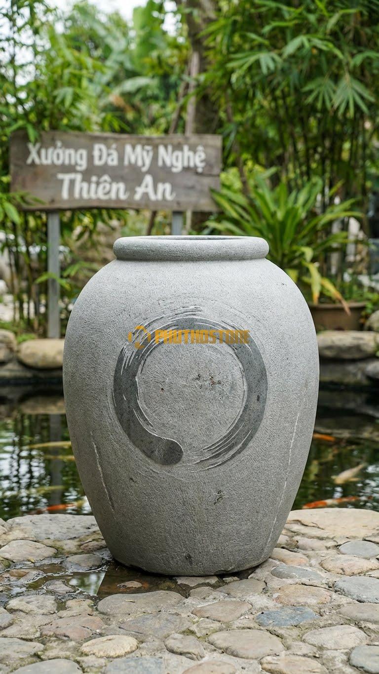 Chum “Vòng Tròn Thiền” Đá Granite, Kích thước 85cm x 50cm, Hoa Văn Khắc Biểu Tượng Enso (Vòng Tròn Vẽ Dở) Một Cách Phóng Khoáng.
