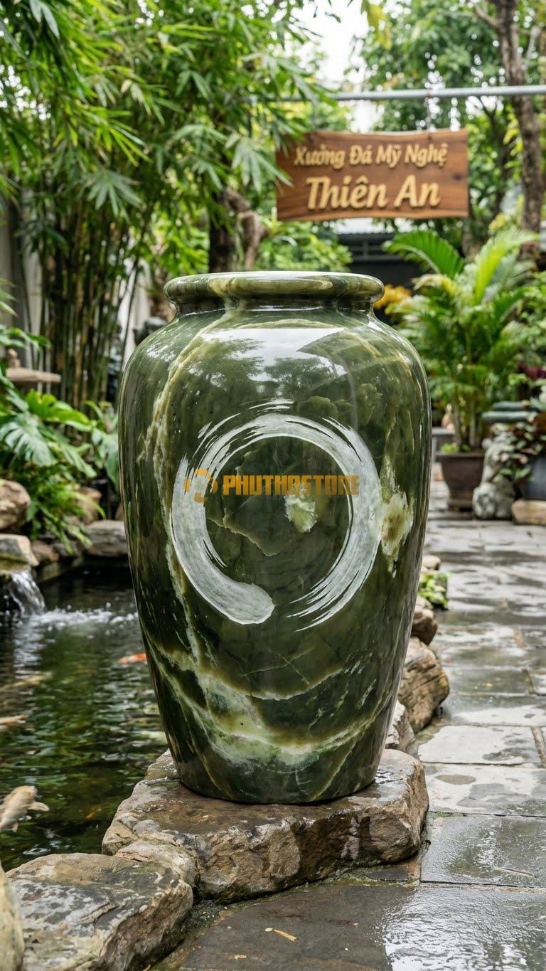 Chum “Vòng Tròn Thiền” Đá Serpentine, Kích thước 85cm x 50cm, Hoa Văn Khắc Biểu Tượng Enso (Vòng Tròn Vẽ Dở) Một Cách Phóng Khoáng.