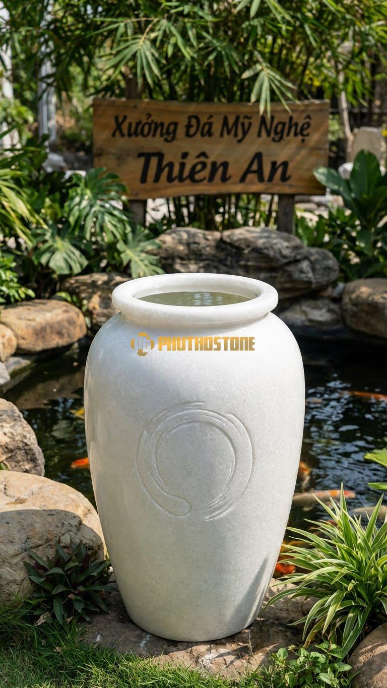 Chum “Vòng Tròn Thiền” Đá Trắng Muối, Kích thước 85cm x 50cm, Hoa Văn Khắc Biểu Tượng Enso (Vòng Tròn Vẽ Dở) Một Cách Phóng Khoáng.