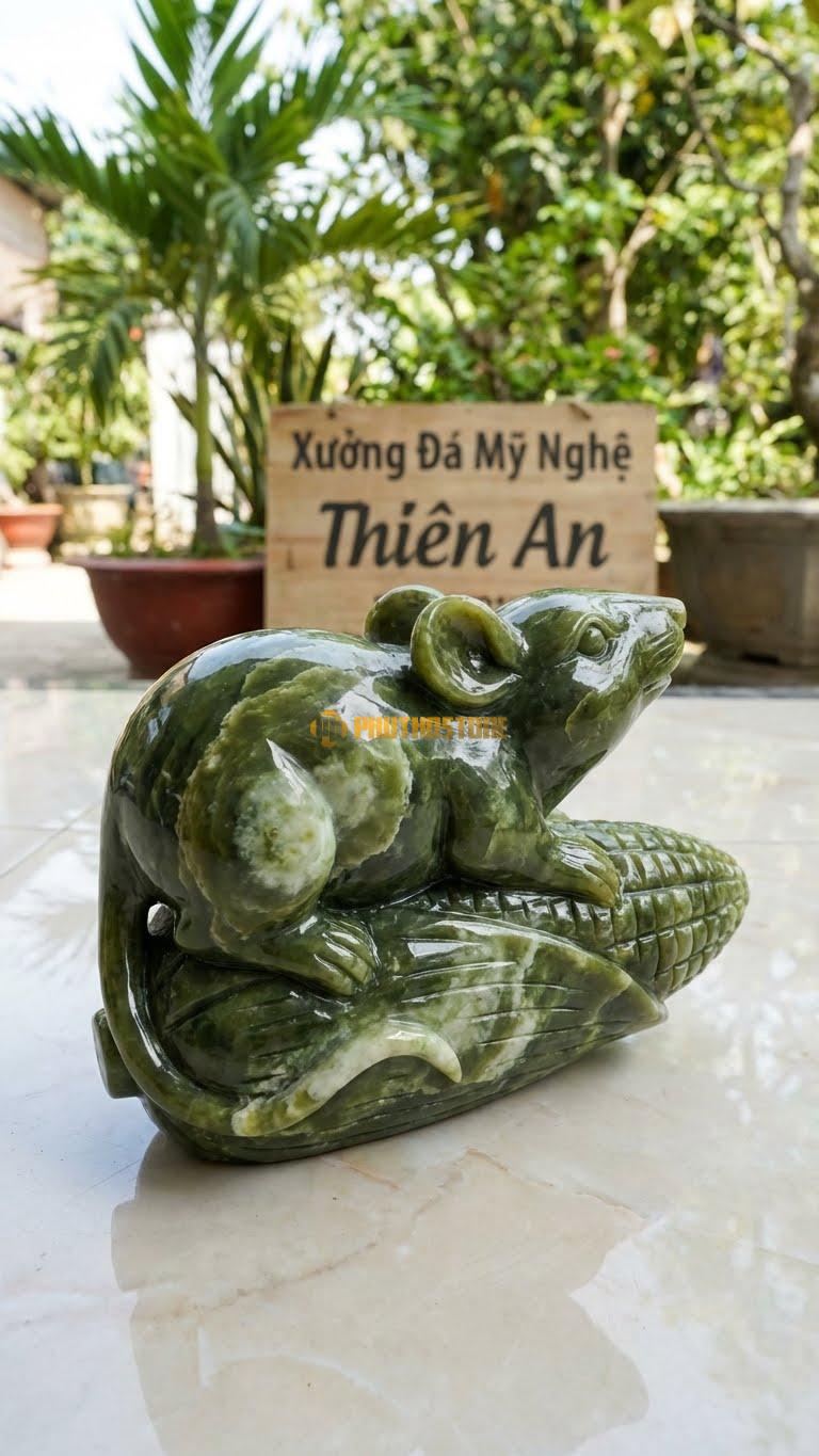 Chuột Trên Bắp Ngô Bằng Đá Serpentine, Kiểu Dáng Biểu Tượng No Đủ. Kích Thước Dài 18cm.