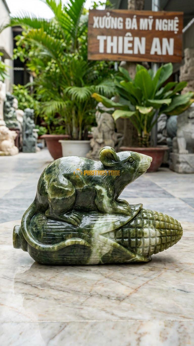 Chuột Trên Bắp Ngô Bằng Đá Serpentine, Kiểu Dáng Biểu Tượng No Đủ. Kích Thước Dài 18cm.