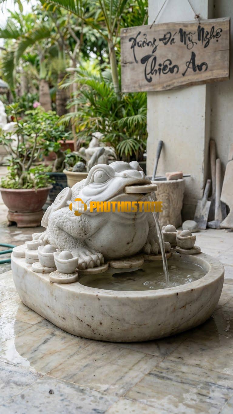 Cóc Thiềm Thừ Ngậm Tiền Phun Nước R80cm x C60cm. Chất Liệu Đá Trắng Xanh