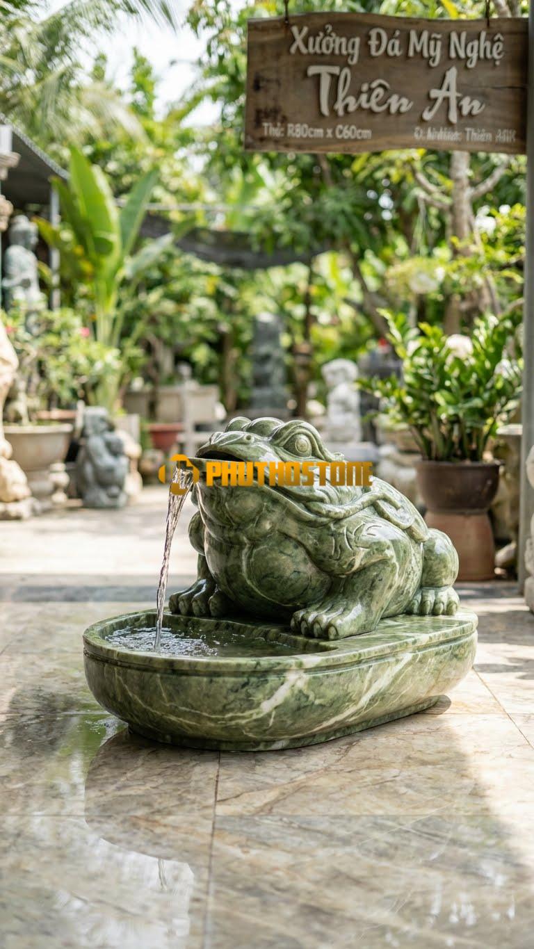 Cóc Thiềm Thừ Ngậm Tiền Phun Nước R80cm x C60cm. Chất Liệu Đá Xanh Ấn